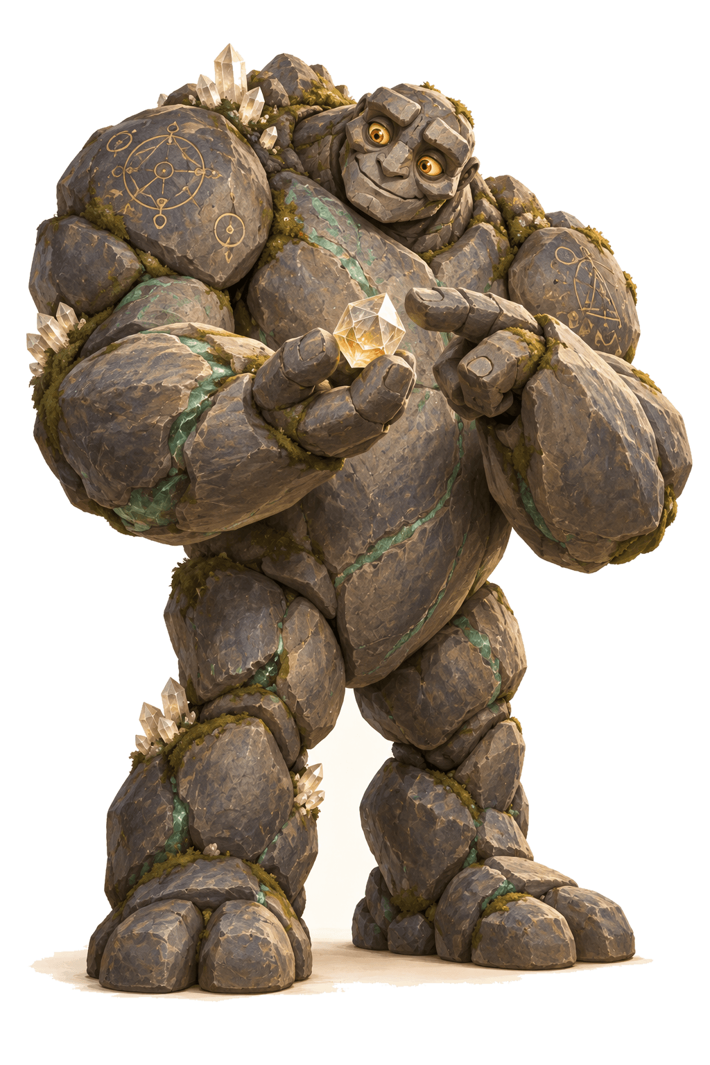 Datus, gigante gentil de pedra, musgo e cristais.